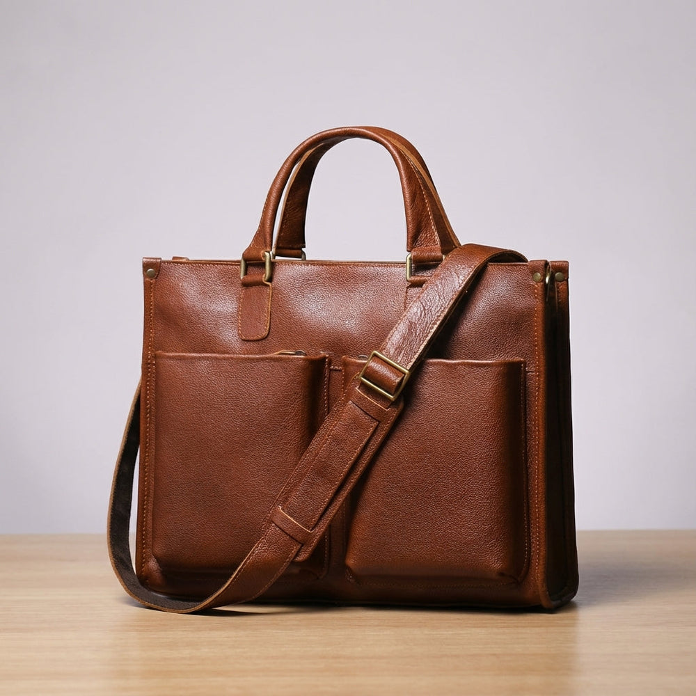 Bruine Leatheron werktas voor heren en dames, ideale kantoortas & documententas met vakken voor laptop.