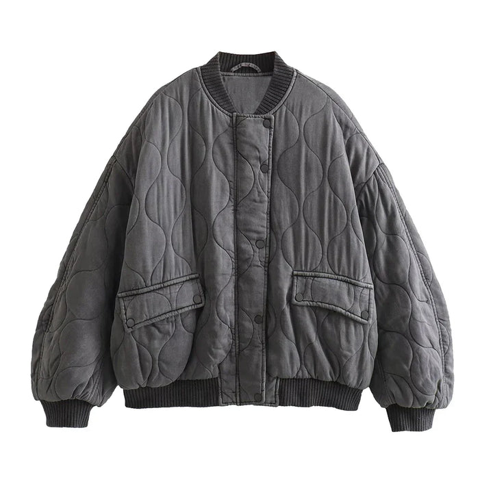 "Stijlvolle en loszittende grijze damesbomberjack voor een trendy, elegante look en comfortabele pasvorm, ideaal voor elke ge