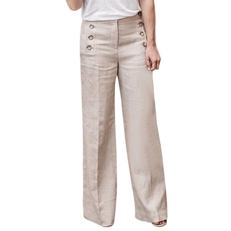 Modieuze damesbroek met hoge taille en wijde pijpen, perfect voor een casual en stijlvolle zomerlook.