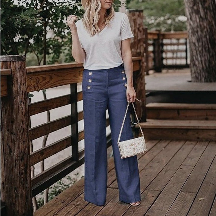 Elegante dames linnen broek met hoge taille en wijde pijpen, perfect als zomerbroek voor elke casual outfit.