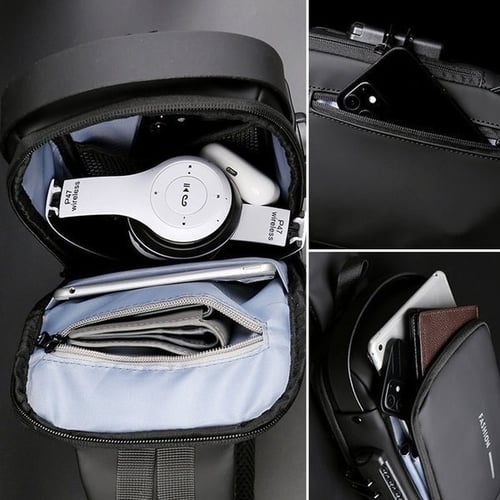 Moderne heren crossbodytas met geïntegreerde USB-oplaadpoort voor het opladen van smartphones.