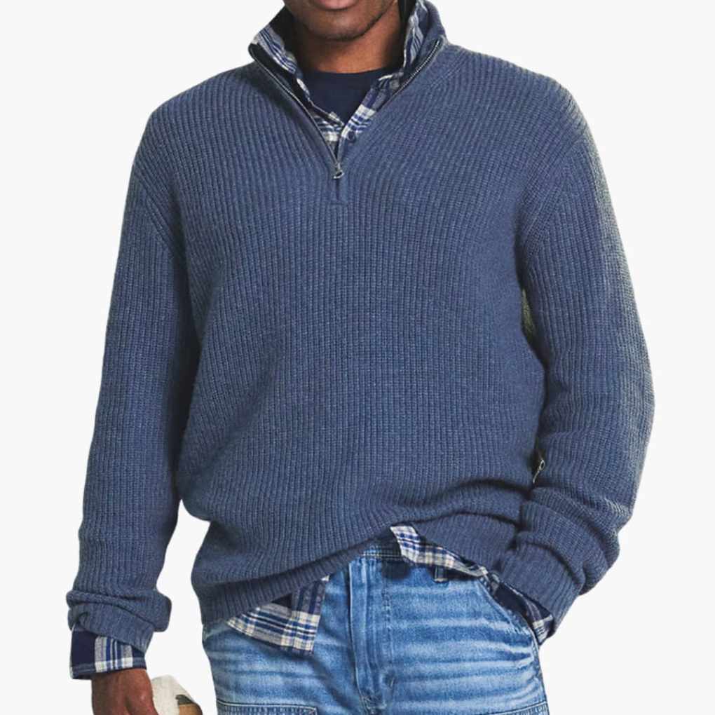 Heren geribbelde pullover met moderne halve rits halslijn, detailopname. Geschikt voor stijlvolle herfst outfits.
