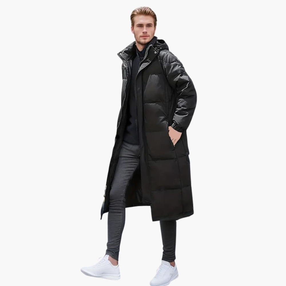 Zwarte heren winterjas, gewatteerd met afneembare capuchon, perfect voor warmte en comfort in de winter.