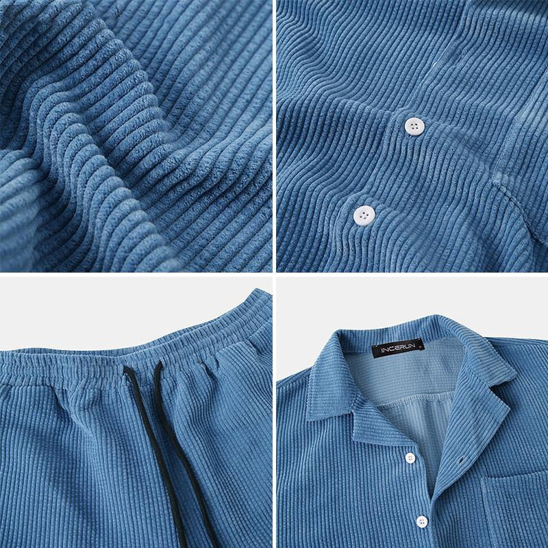 Moderne heren tweedelige outfit voor de zomer. Inclusief een ademend shirt en een korte broek. Casual-stijl.