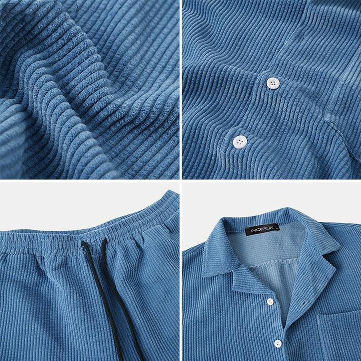 Moderne heren tweedelige outfit voor de zomer. Inclusief een ademend shirt en een korte broek. Casual-stijl.