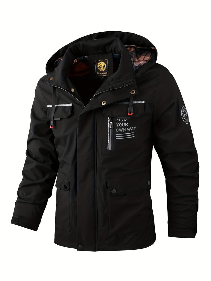 Stijlvolle heren waterdichte winterjas met capuchon, perfect voor outdoor avonturen. Warm, winddicht en comfortabel.