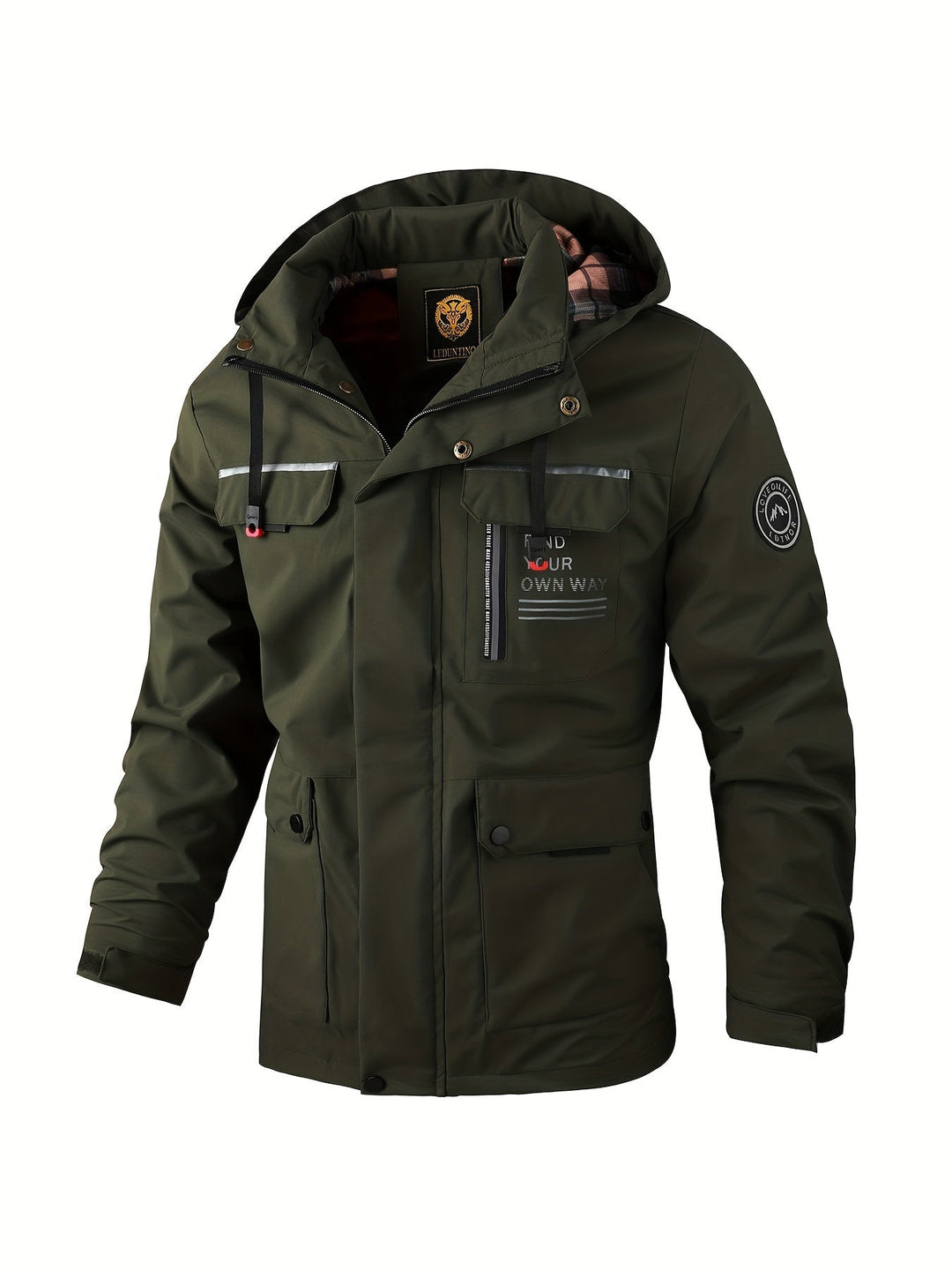 Moderne donkerblauwe heren waterdichte winterjas met capuchon, een essentieel kledingstuk voor de winter.