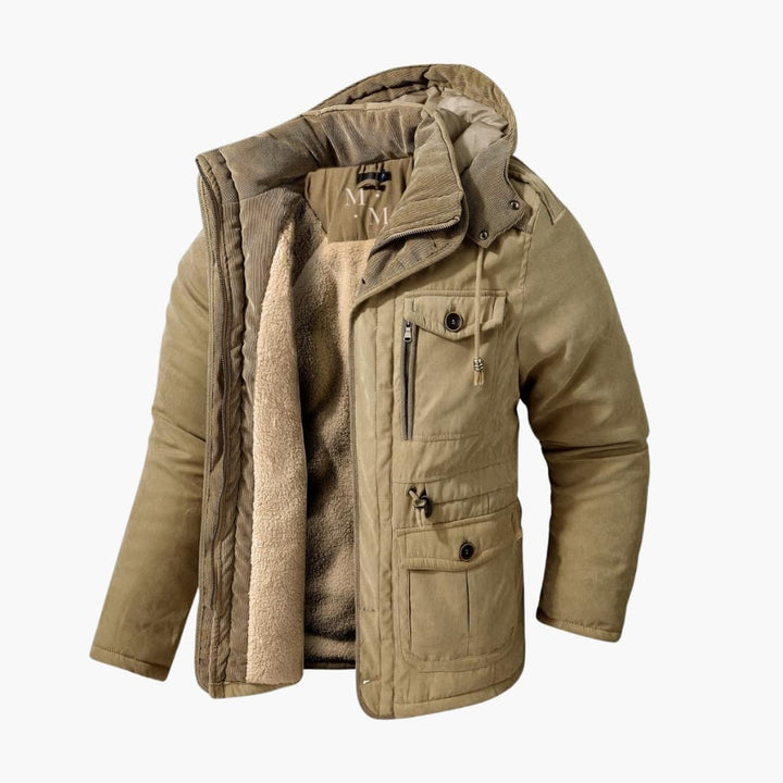 Veelzijdige heren winterjas, capuchonjas in moderne pasvorm, geschikte herfstjas voor vrijetijd en koud weer.