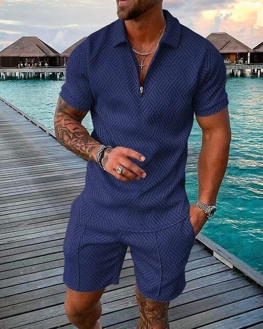 Casual korte broek voor heren, onderdeel van tweedelige zomerset, ideaal voor strand en comfort.