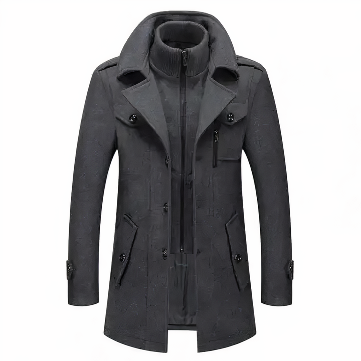 Elegante herenjas 'Milan' met unieke dubbele kraag design, ideaal als stijlvolle outerwear.