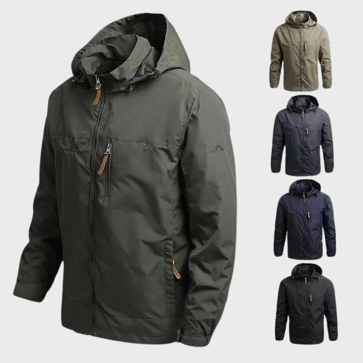 "Stijlvolle herenjas, waterdicht en warm, in zwart, khaki of blauw met capuchon, voor comfort en bescherming tegen regen."
