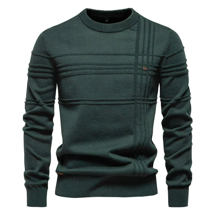 Hoogwaardige herentrui, ronde hals, biedt warmte en een moderne, elegante look voor herenkleding.