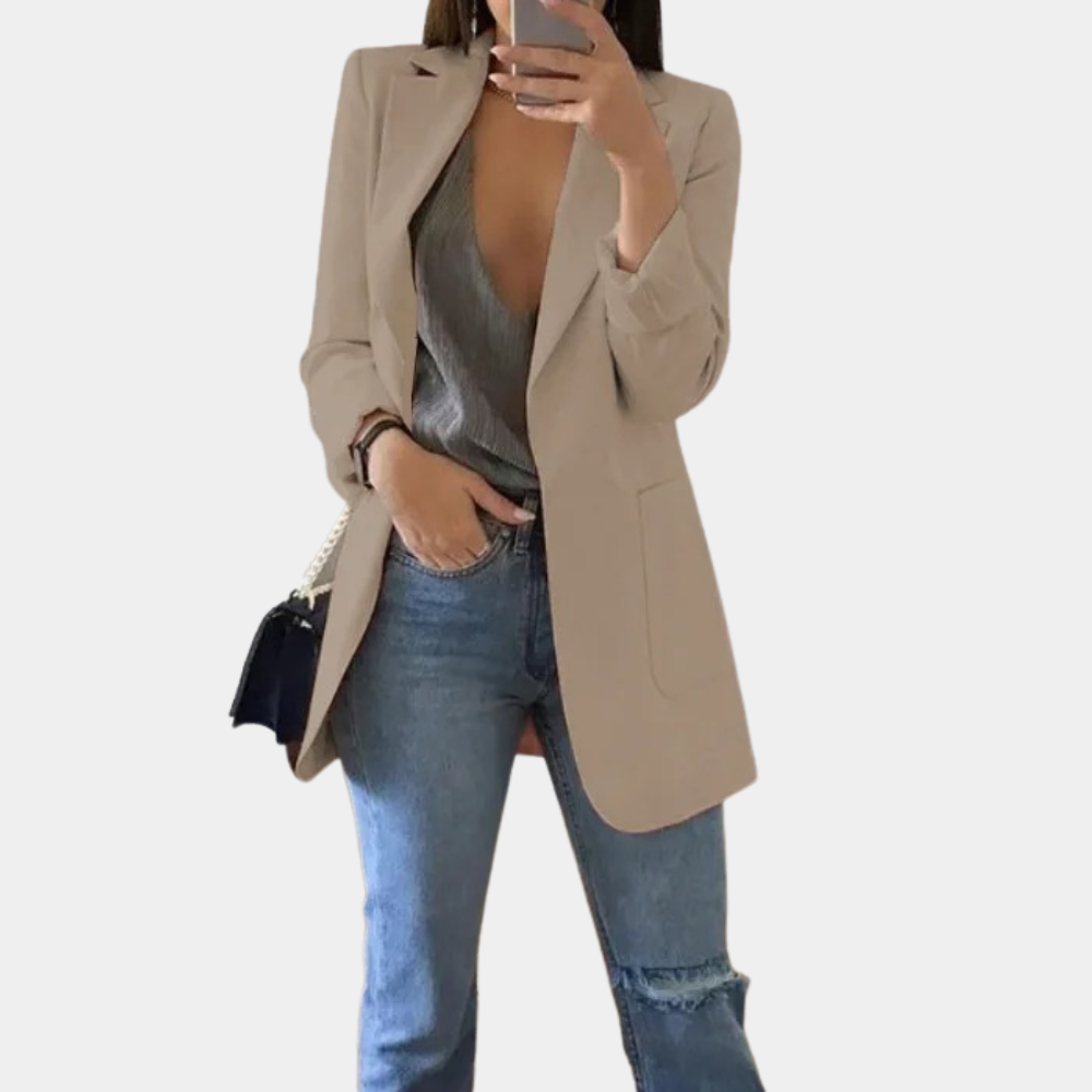 Casual damesblazer gecombineerd met jeans, creëert een moderne en comfortabele herfst/lente look. Nieuwe mode.