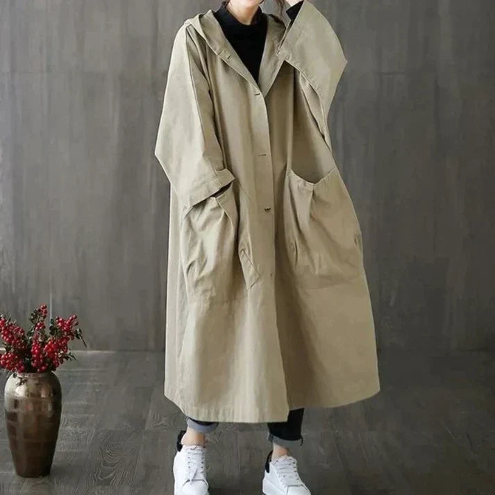 Khaki oversized dames trenchcoat, weerbestendig voor herfst en winter. Een elegante en modieuze damesjas.