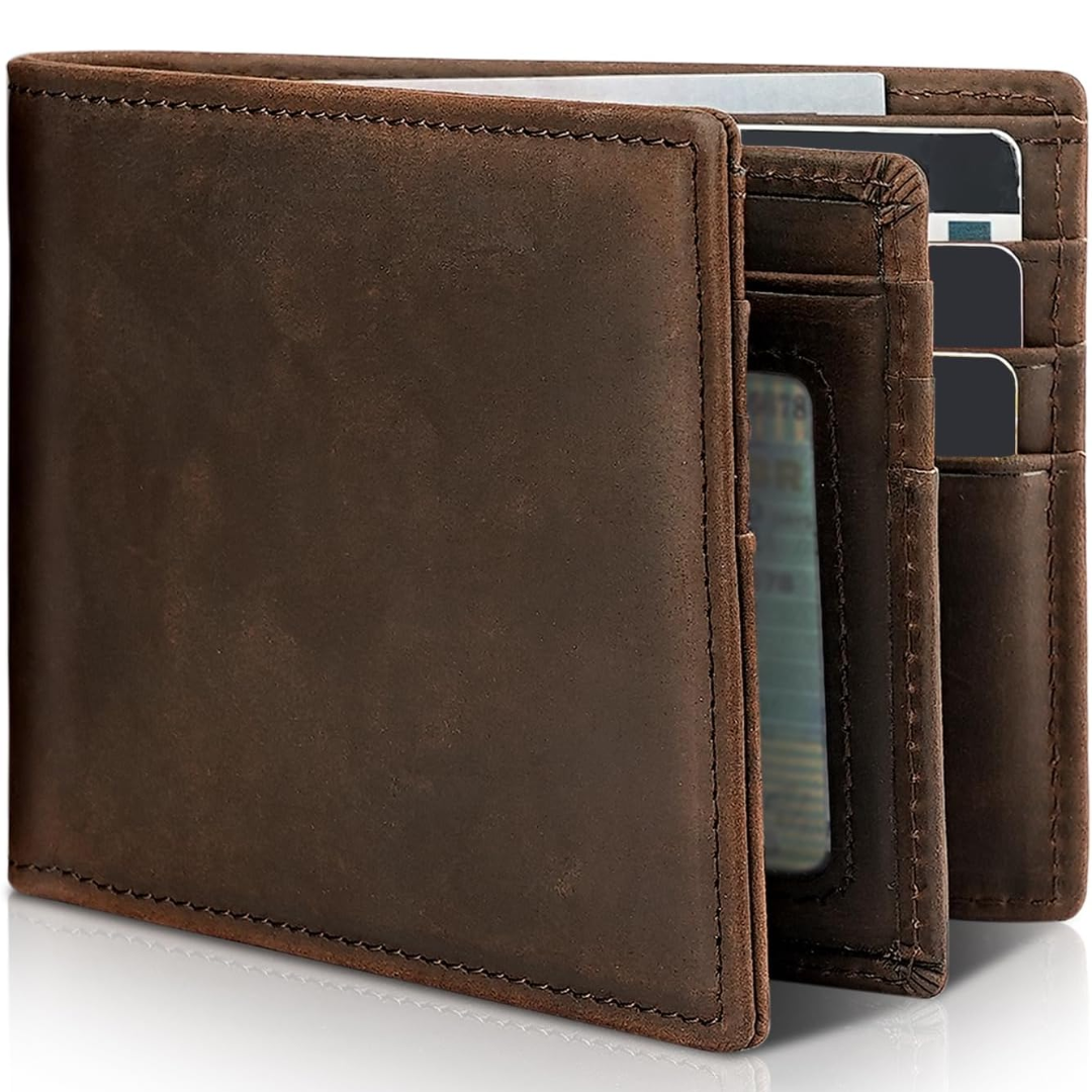 Stijlvolle StitchCraft heren bifold leren portemonnee met RFID-blokkering voor veilige pasjesopslag.