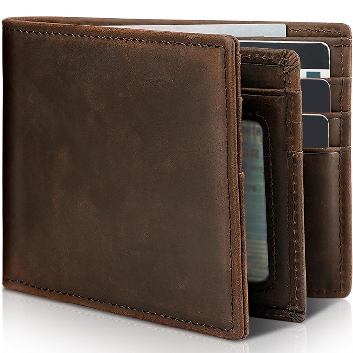 Stijlvolle StitchCraft heren bifold leren portemonnee met RFID-blokkering voor veilige pasjesopslag.