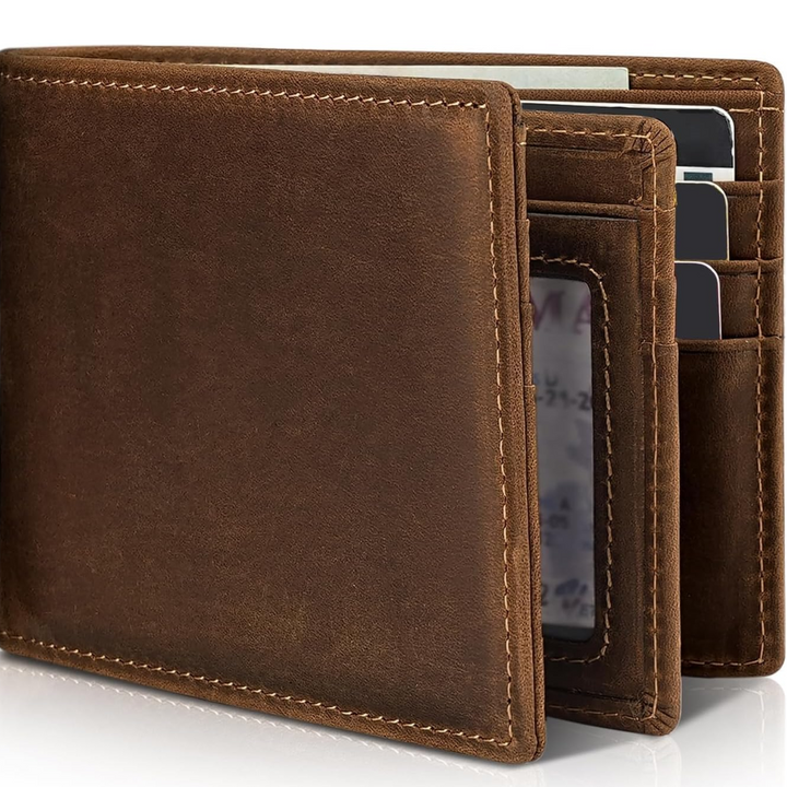 Compacte StitchCraft bifold portemonnee voor heren, gemaakt van leer, met pasjeshouder en RFID-bescherming.