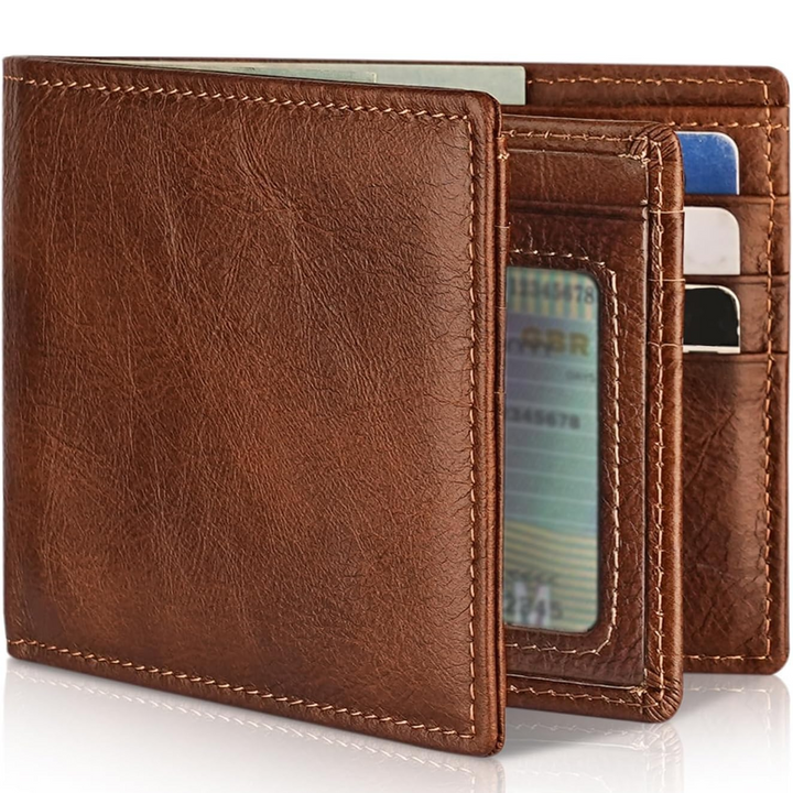 Open StitchCraft bifold heren leren portemonnee toont ruime pasjesvakken en RFID-blokkerend materiaal.
