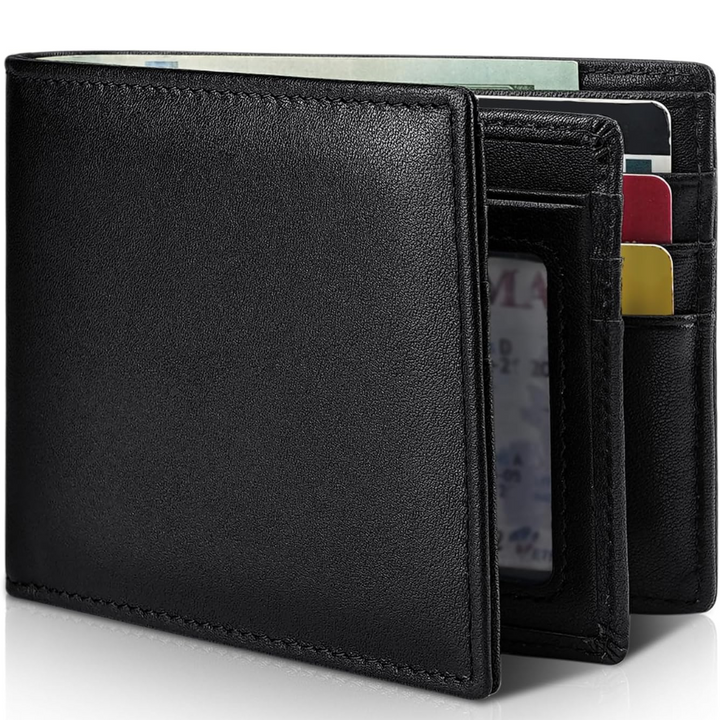 Premium zwart leren StitchCraft heren bifold portemonnee met fijne stiksels en RFID-beveiliging.