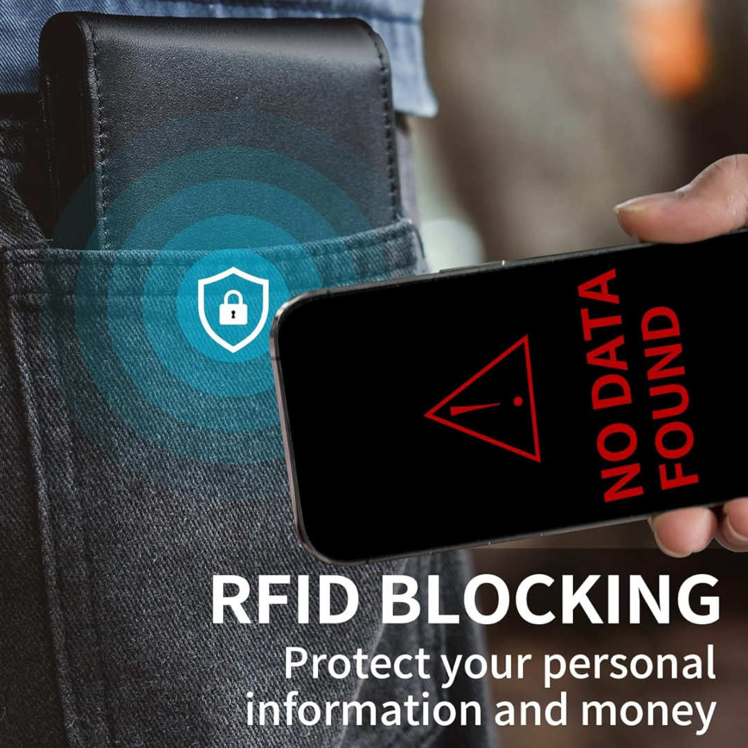 Binnenkant van de leren heren bifold portemonnee met overzichtelijke vakken en RFID-bescherming.