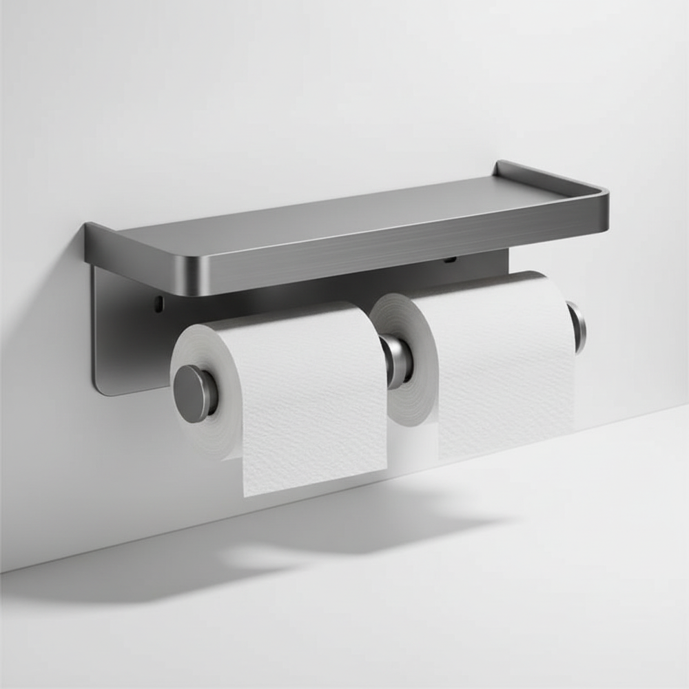 Ruimtebesparende toiletpapierhouder van aluminium met handig opbergvak en telefoonhouder voor georganiseerde badkamer.