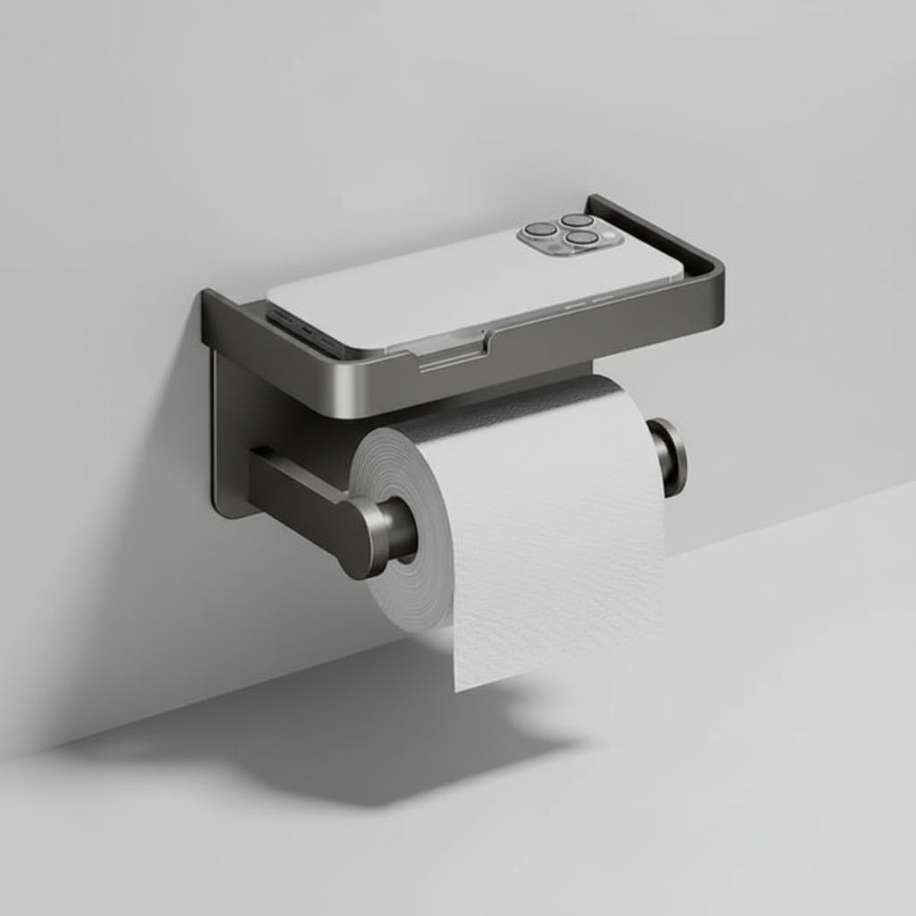 Moderne toiletpapierhouder van ToiletHaven met strak design, opbergvak en telefoonhouder; perfecte badkamer organisatie.