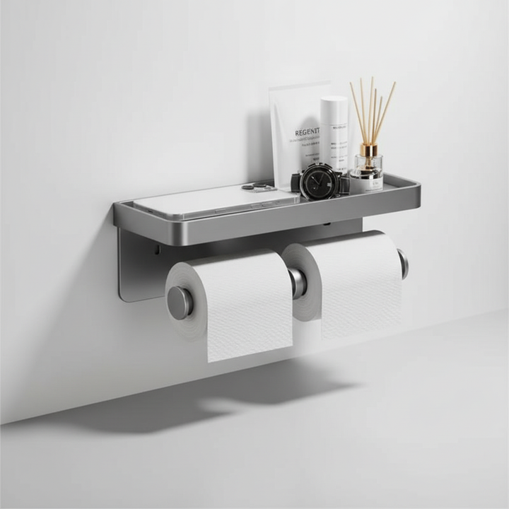 Toiletpapierhouder met praktische telefoonhouder en opbergvak, ideaal voor badkamerbenodigdheden; wandmontage design.