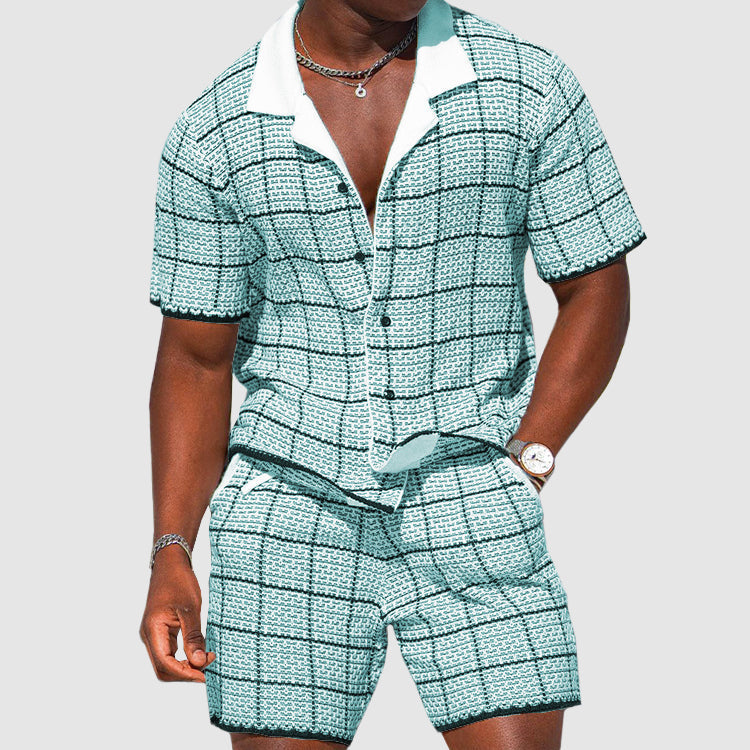 Stijlvolle tweedelige heren zomerset Jules met ruitpatroon; comfortabel overhemd en short voor strand & vakantie.