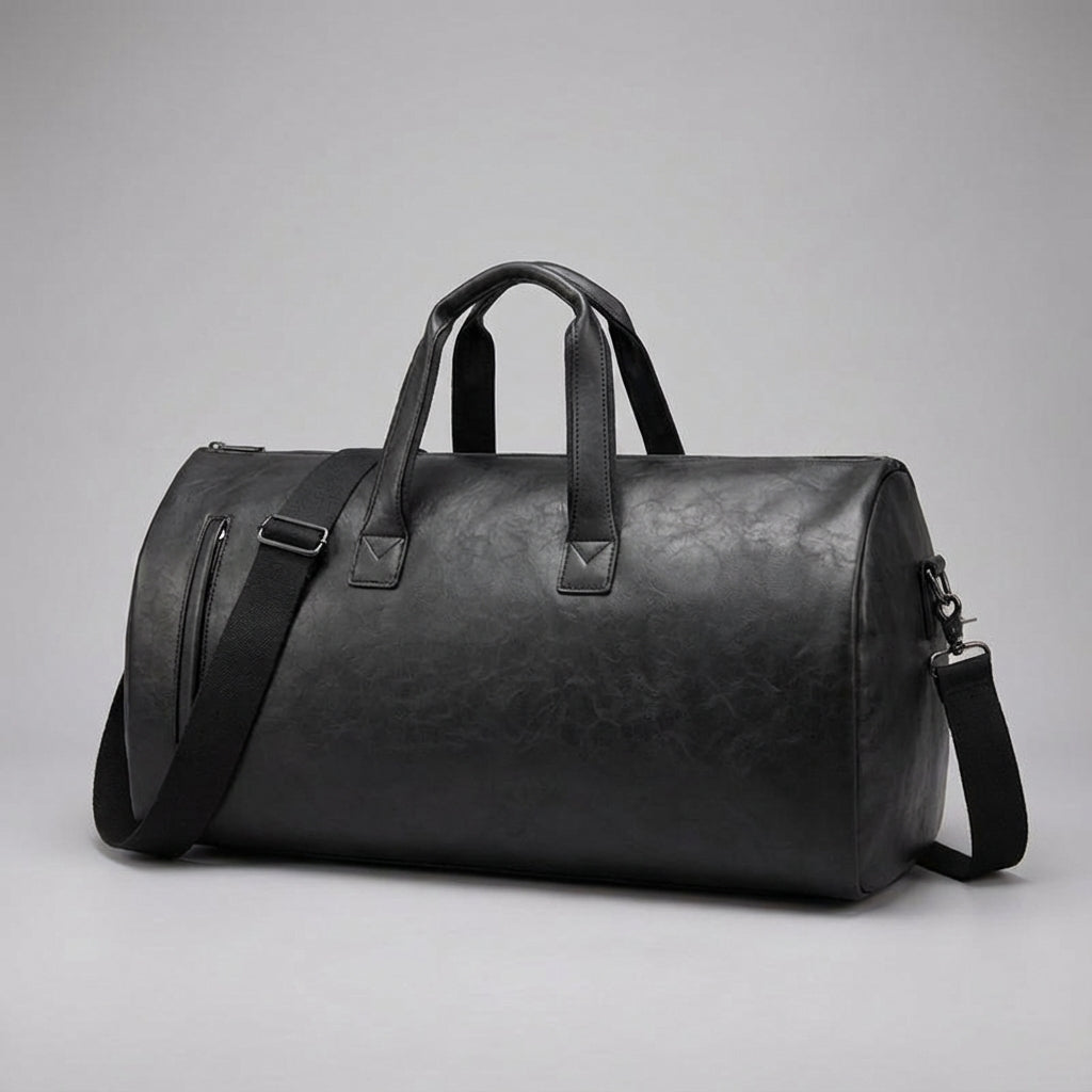 Gedetailleerd shot van de luxe Journeo weekendtas. Een stijlvolle en ruime bruine reistas voor weekendtrips.
