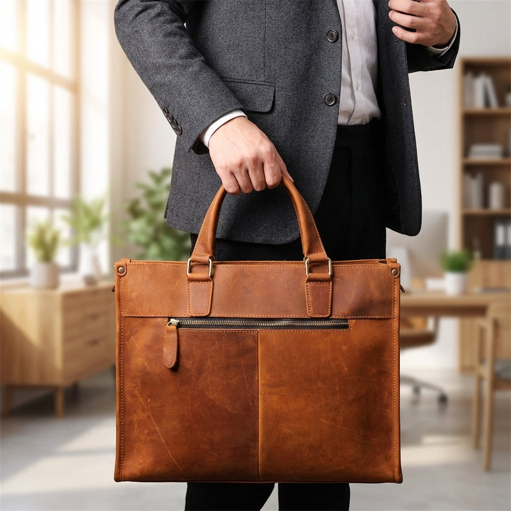 Stijlvolle vintage leren laptoptas voor heren en dames, perfect voor zakelijk gebruik en pendelen.