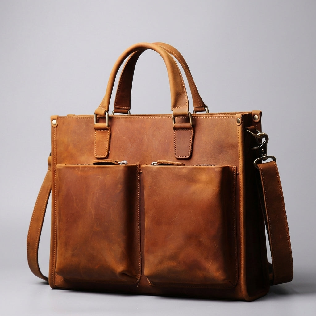 Professionele vintage bruine leren aktetas, optimale organisatie voor je laptop en documenten, zowel heren als dames.