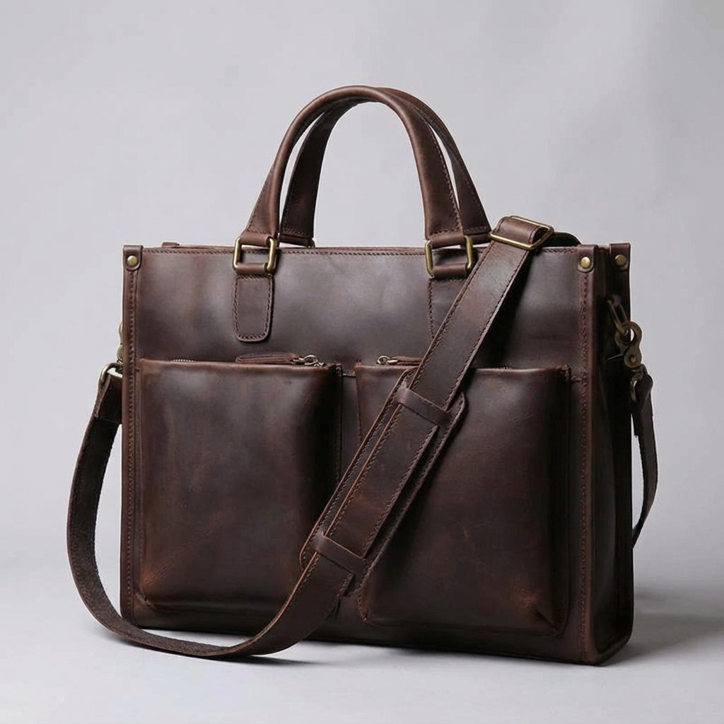 Vintage leren werktas met verstelbare schouderriem, comfortabel voor pendelen; biedt veilige opslag voor je laptop.
