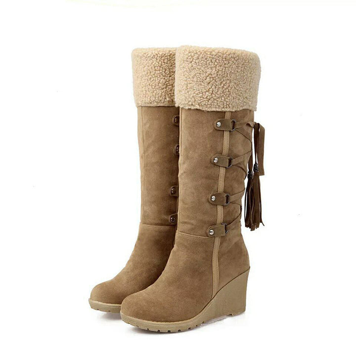 Bruine dames winterlaarzen met comfortabele sleehak. Stijlvolle warme schoenen voor vrouwen, perfect voor de winter.
