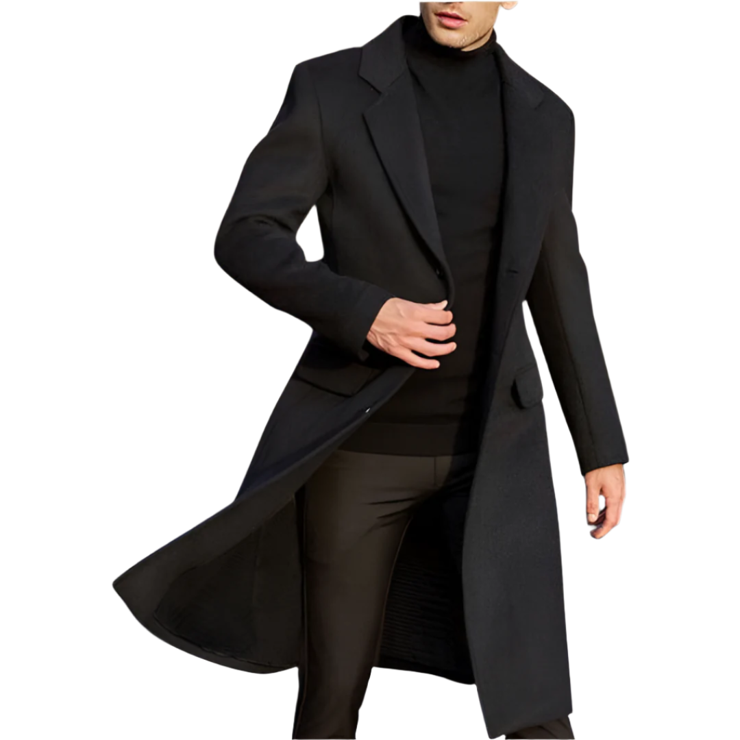 Stijlvolle zwarte heren klassieke lange manteljas, elegant en tijdloos, perfect voor zakelijke of formele gelegenheden.