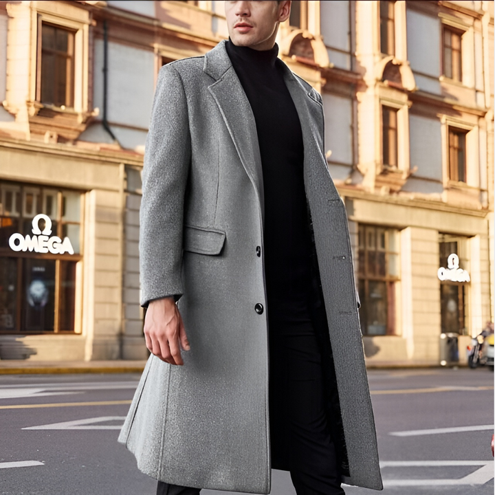 Elegante heren lange manteljas in zwart/grijs, klassieke bovenkleding die tijdloze stijl biedt voor elke gelegenheid.