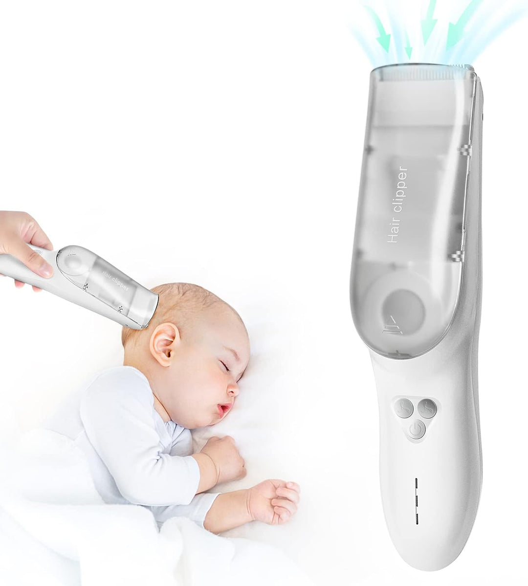 Stille baby haartrimmer met waterdicht design en stofzuigsysteem voor veilig en hygiënisch knippen van babyhaar.
