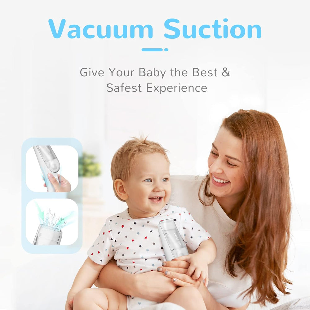 Veilige en oplaadbare babytondeuse, speciaal ontworpen voor zacht babyhaar met ingebouwd stofzuigsysteem.