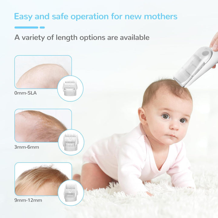 Waterdichte baby haartrimmer voor zacht babyhaar, met stofzuigsysteem en stille werking voor comfort.