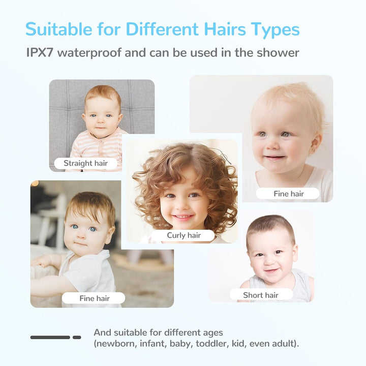Kindervriendelijke en veilige haartrimmer voor baby's, stil, waterdicht en met handig stofzuigsysteem.