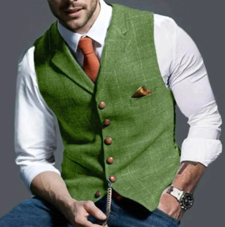 "Stylisch herenvest, klassiek patroon, duurzame tweed stof, geschikt voor formele en casual gelegenheden."