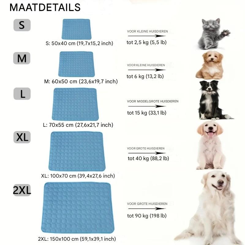 Een gelukkige hond ligt ontspannen op een blauwe zelfkoelende mat, genietend van de zomerse verkoeling.