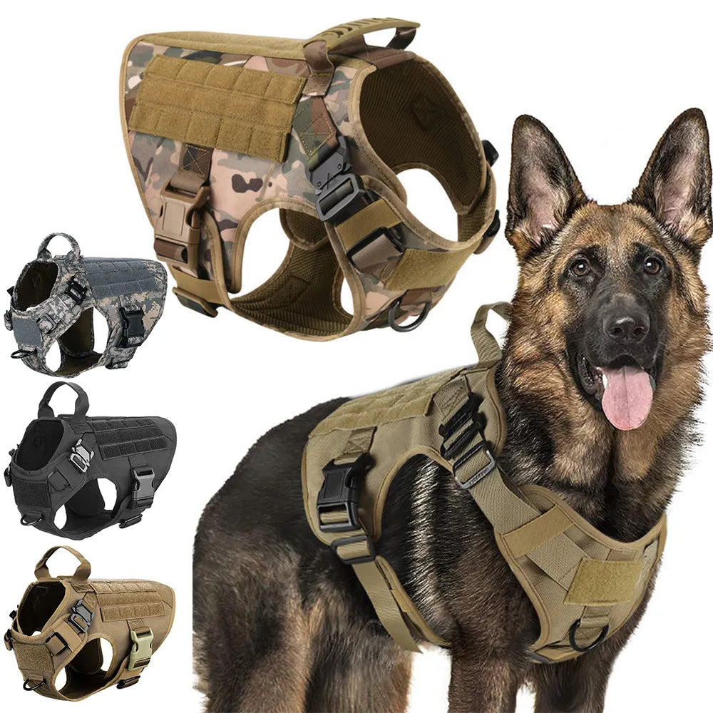 Tactisch hondentuig en bijpassende riem van duurzaam nylon voor grote honden, ideaal voor training en avontuur.