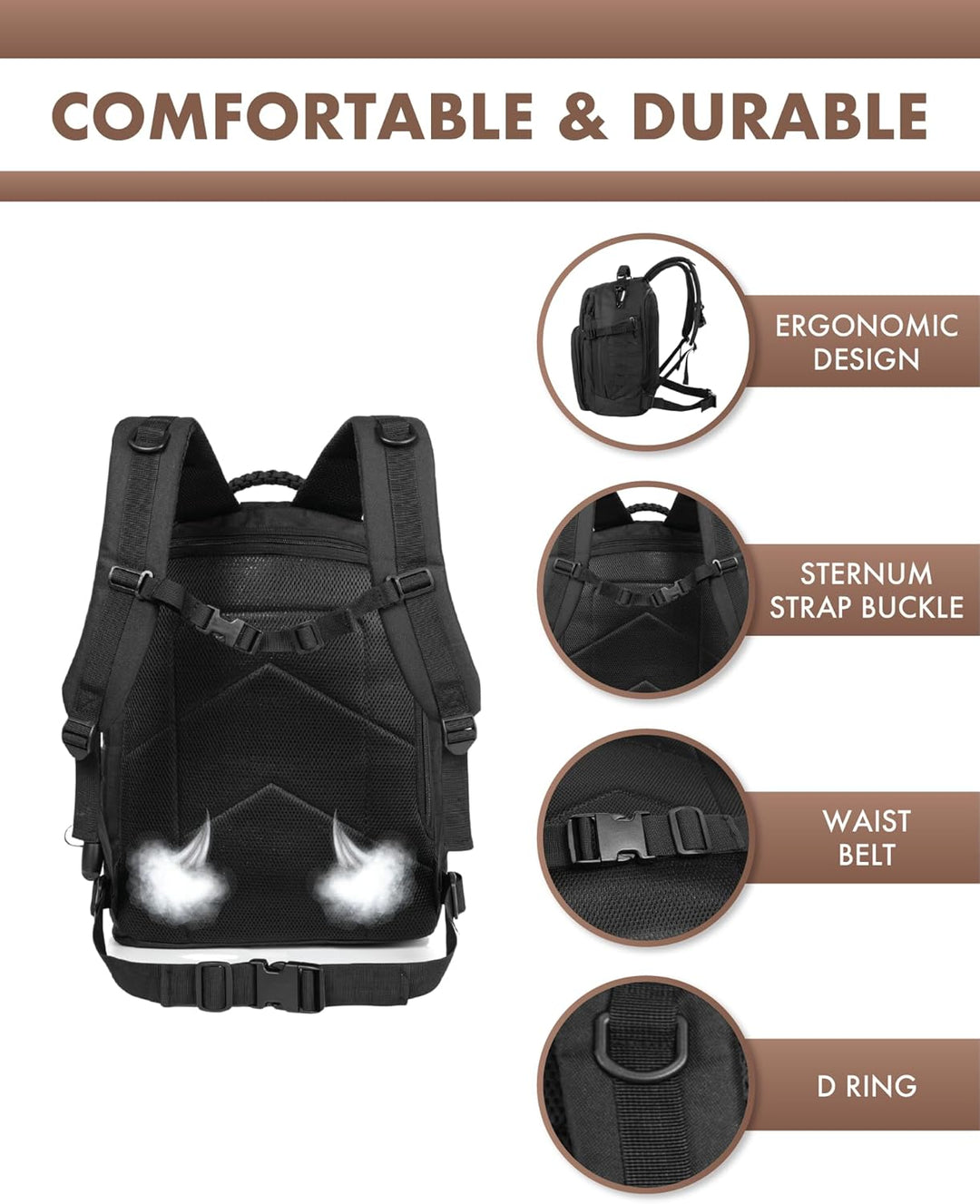 Zijkant van 35L outdoor rugzak met compressiebanden om de lading te stabiliseren tijdens avonturen.