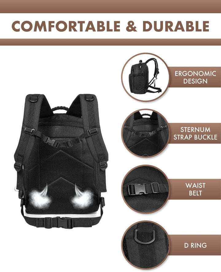 Zijkant van 35L outdoor rugzak met compressiebanden om de lading te stabiliseren tijdens avonturen.