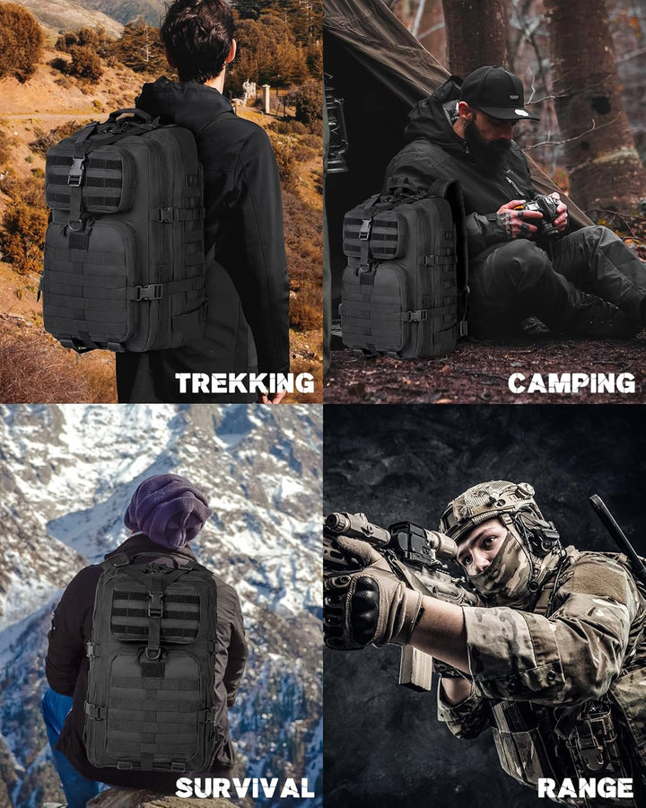 Militair-stijl 35L rugzak detail, robuuste constructie en praktische Molle functionaliteit.