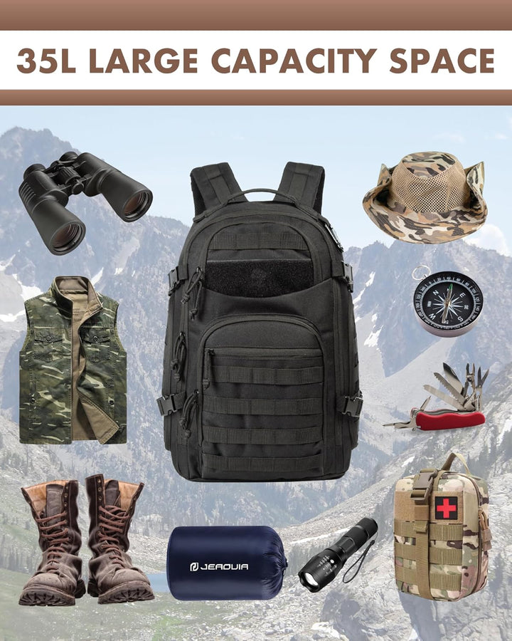 Veelzijdige 35L rugzak voor outdoor, tactische missies & dagelijks gebruik met laptopbescherming.