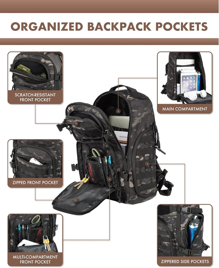 35L tactische rugzak in natuurlijke omgeving, klaar voor een lange wandeling & outdoor avontuur.