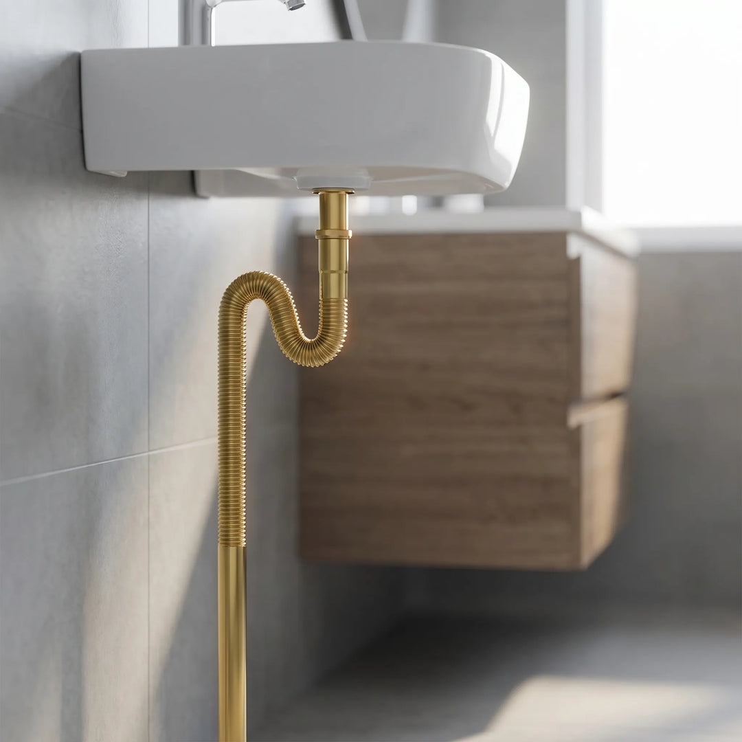 Telescopische pop-up wastafel afvoer set van messing, stijlvol design voor badkamer en keuken.