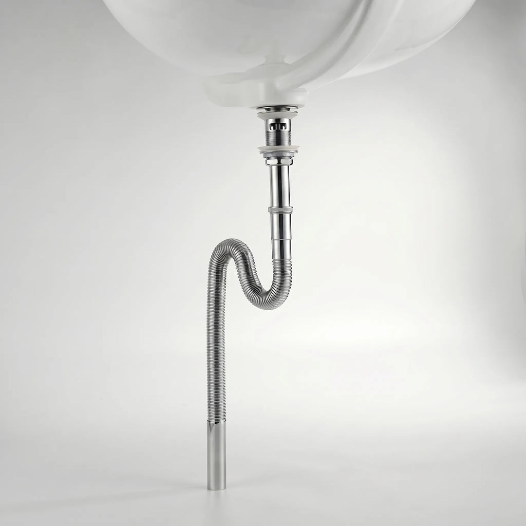 Universele pop-up wastafel afvoer met geurstop, flexibele en telescopische aansluiting, elegant design.