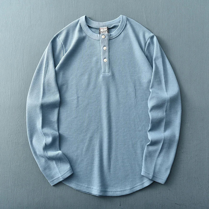 Lichtblauw heren Henley T-shirt met lange mouw en knoopsluiting
